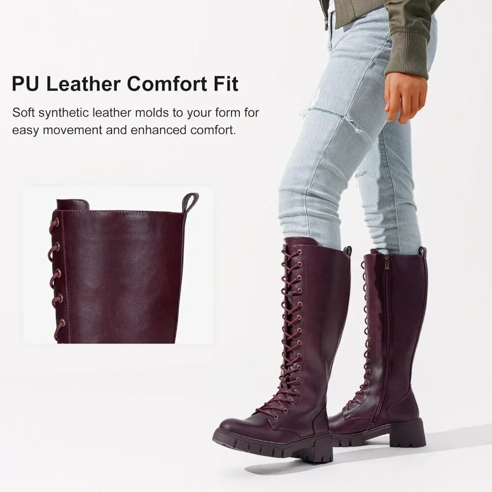 Women's Red Pu 953 Chunky Platform Heel Lace Gothic Knee High Combat Boots